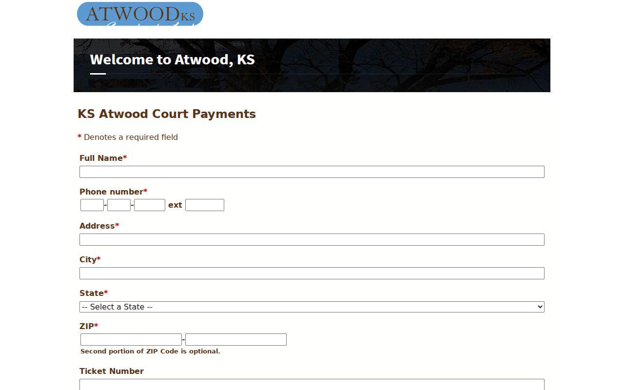 Atwood court docket payment form for a known municipal citation