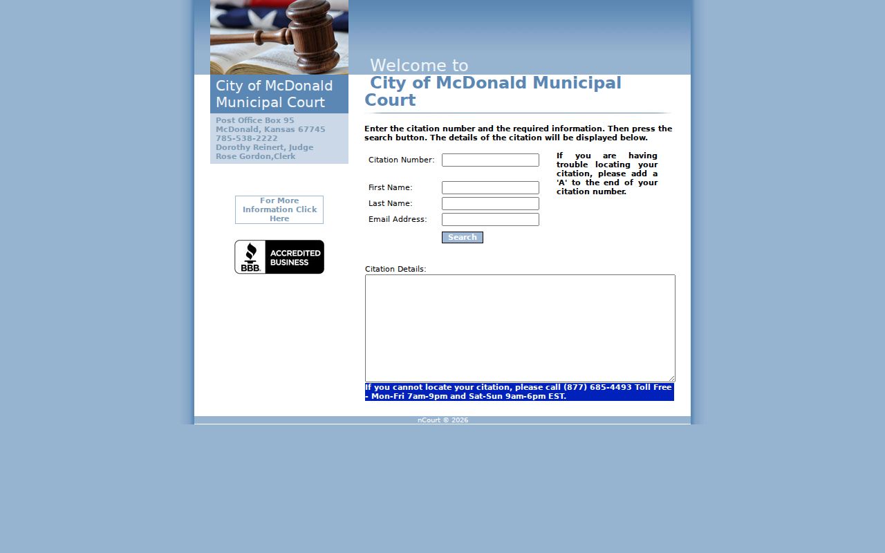 McDonald Municipal Court citation lookup and blank citation details panel