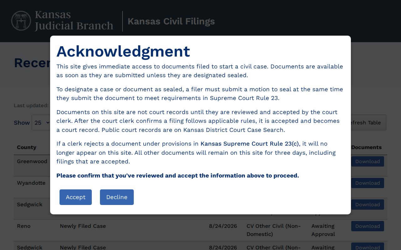 Rawlins County civil docket access through the Kansas New Civil Filings page