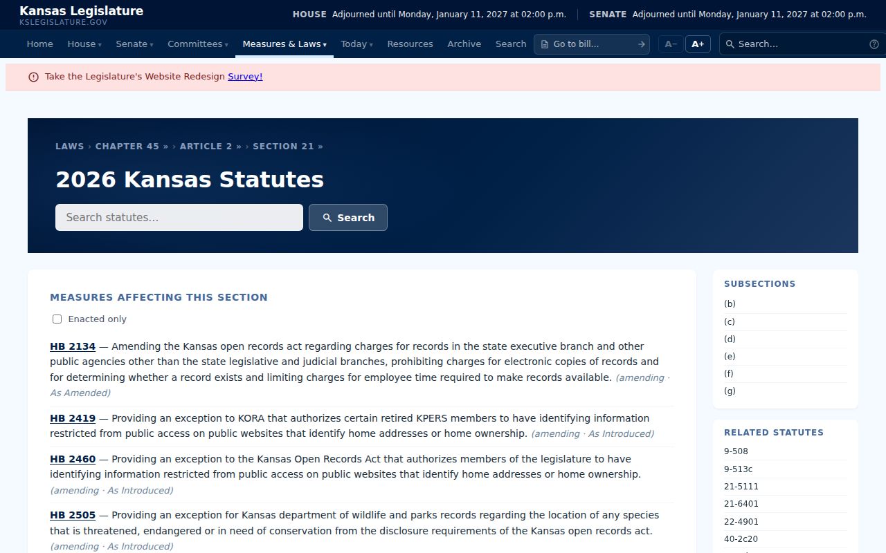 Kansas law page for open-record exemptions and separation