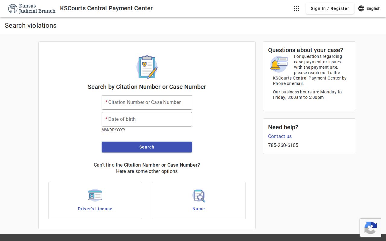 KSCourts Central Payment Center traffic citation search page